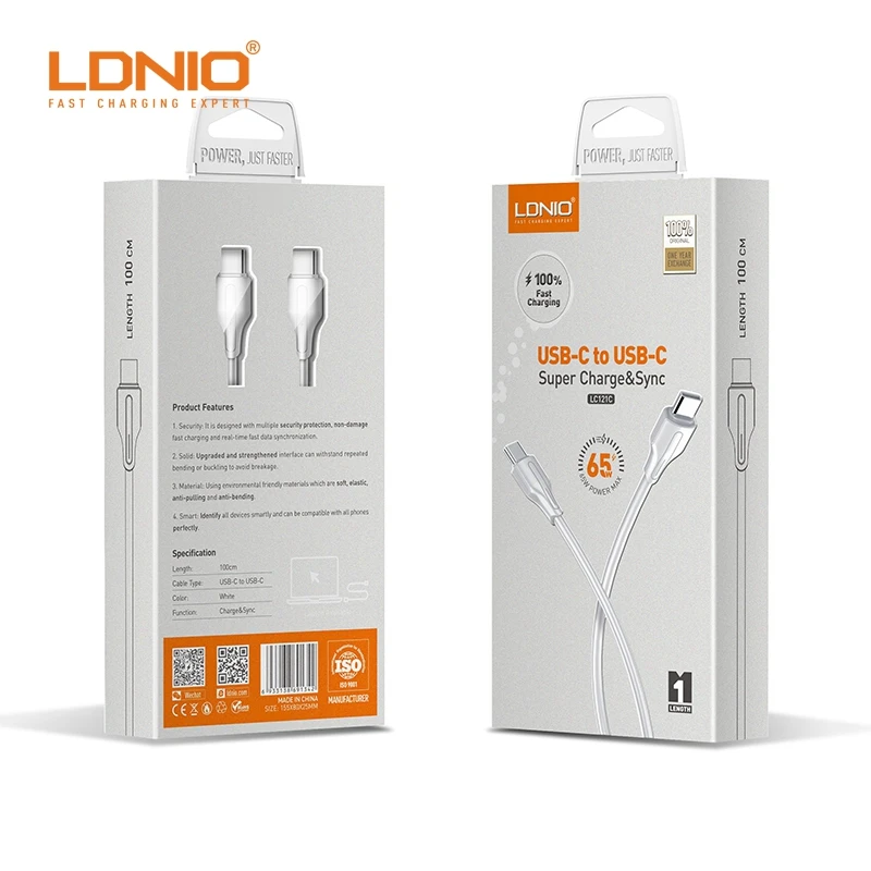 

LDNIO LC121-C 65W Type C To Type-C Support PD QC3.0C Fast Charging Data Cable Mobile Phone Charger Cable