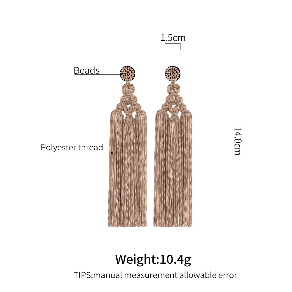 

Original National Style Hand Woven Rope Knotted Tassel Stud Earrings European Long Cotton Rope Dangle Earrings With Beads, As picture