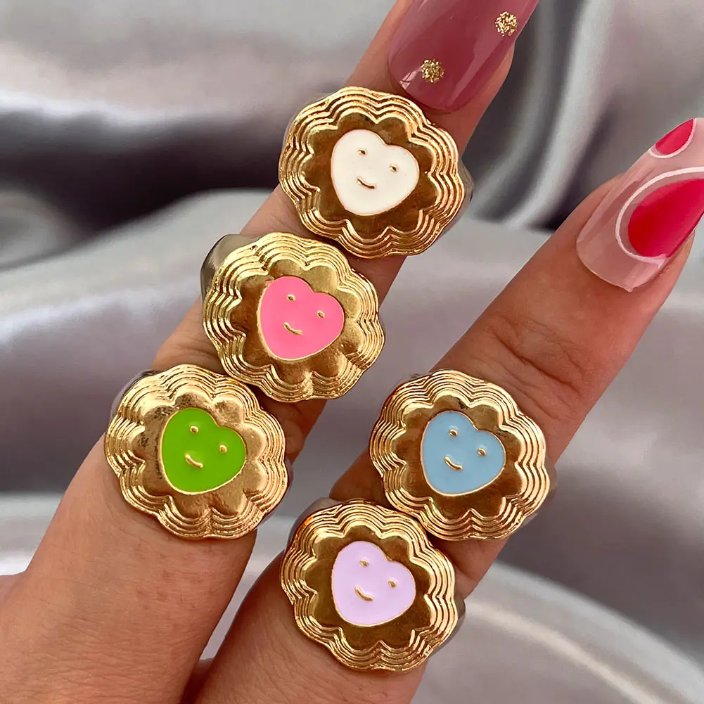 

Fine Fashion Gold Plated Jewelry Heart-shaped Happy Face Stacking Rings Smiley Enamel Chunky Rings Women, Mixed color