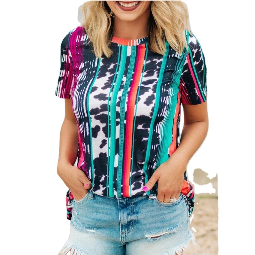 

Plus Size Cow Printed Striped T Shirt,Short Sleeve Colorful Patchwork Woman Tops, Picture