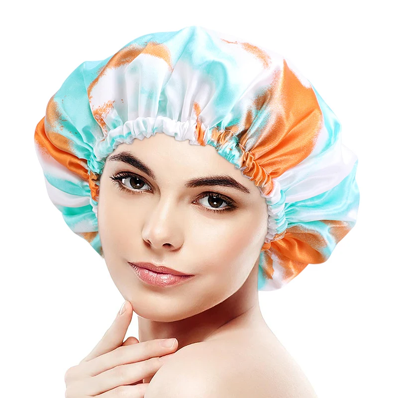 

Regular Size Double Layer Tie Dye Satin Bonnet EVA Waterproof Reusable Shower Caps for Long Hair, Customized color