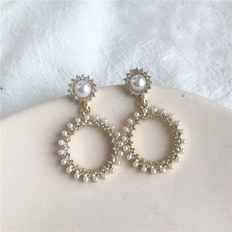 

High quality gold plated statement rhinestone hoop earrings jewelry handmade pearl hoop earrings for women, Gold plating