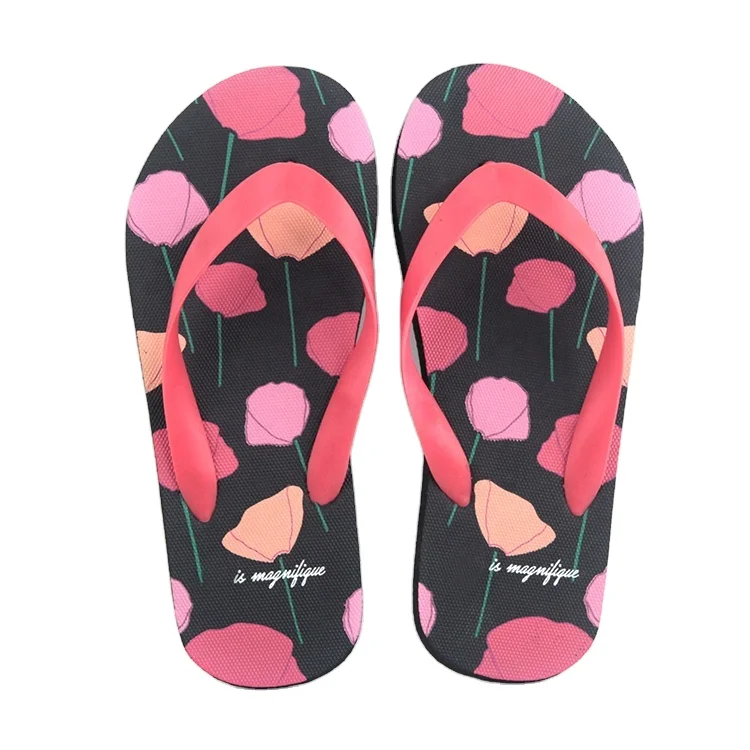 

Hot sale cute flower print red rose eva flip flops wholesale woman outdoor slipper oem custom flip flops slipper manufacturer
