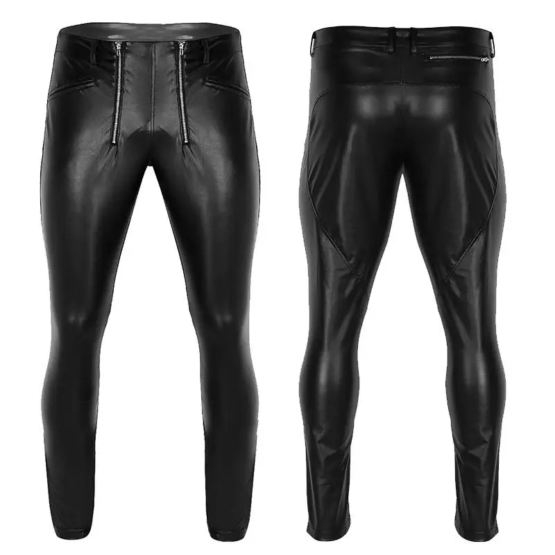 

Luxury Mens Black Plus Size Zipper Pouch Tights Long Pants Leather Clubwear Trousers