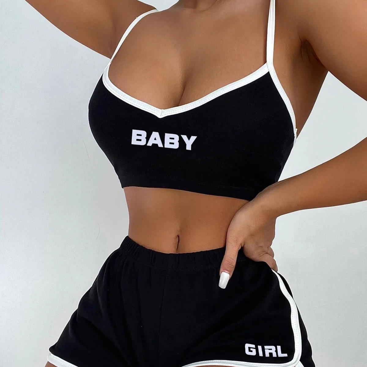 

Booty Shorts Set 2021 Summer Women Clothing Letter Printed V Neck Tank Top Booty Short Set For Woman Loungewear Women Sets, Customized color