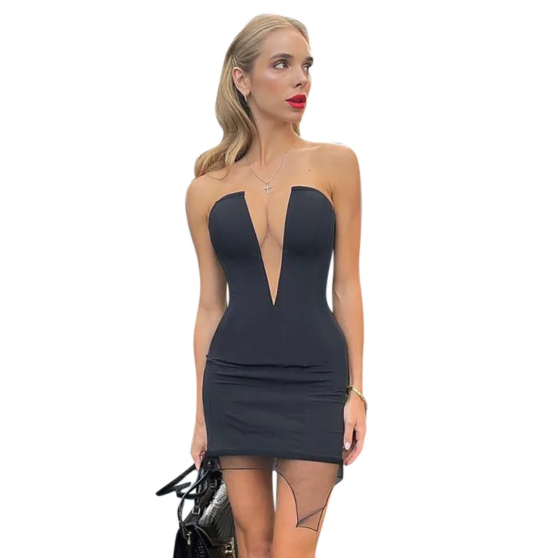 

2022 new arrivals summer collection strapless deep V neck contrast panel fashion ladies mini sexy dresses