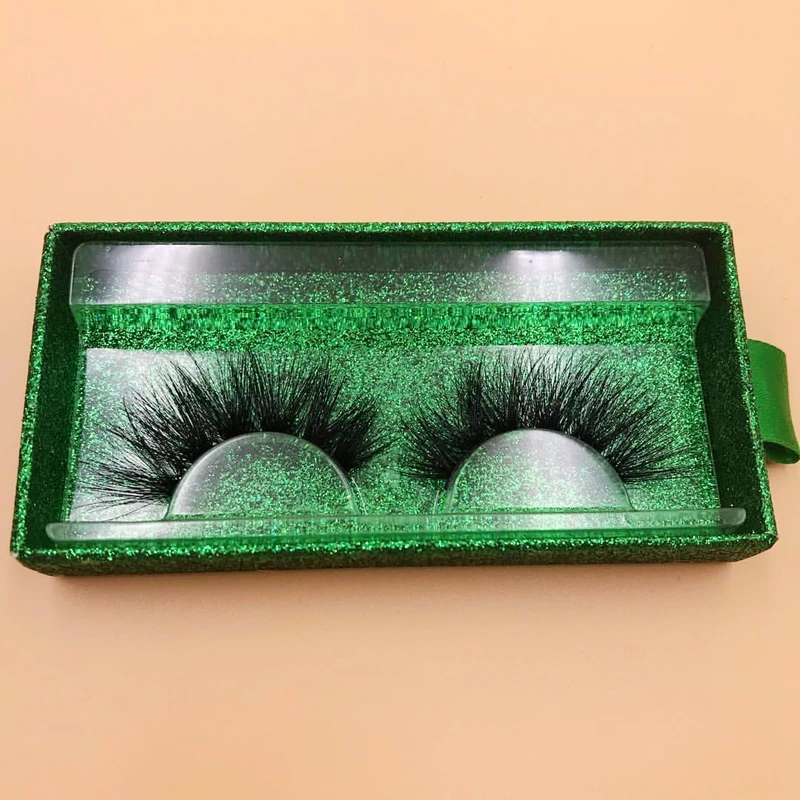 

New Arrival green glitter pvc Custom Eyelash cases 3D 100% Mink Strip hair Lashes 3dmink eyelash with mink eyelash package, Natural black