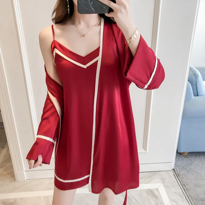 

JULY'S SONG 2 Piece Satin Pajamas For Women Sexy V Neck Strap Sling Long Sleeve Robe Female Spring Summer Faux Silk Sleepwear, Red;navy blue;pink;gray