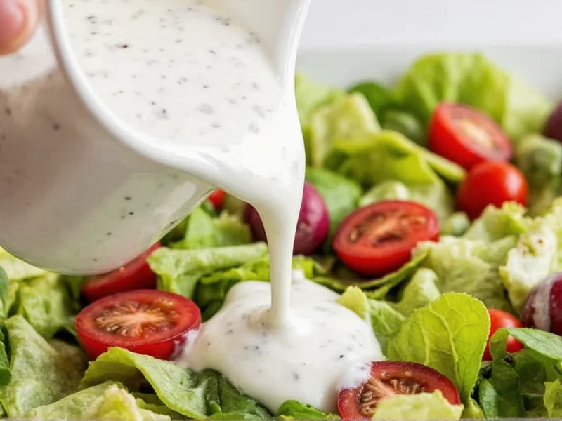 Homemade Greek yogurt ranch dressing drizzled over garden salad