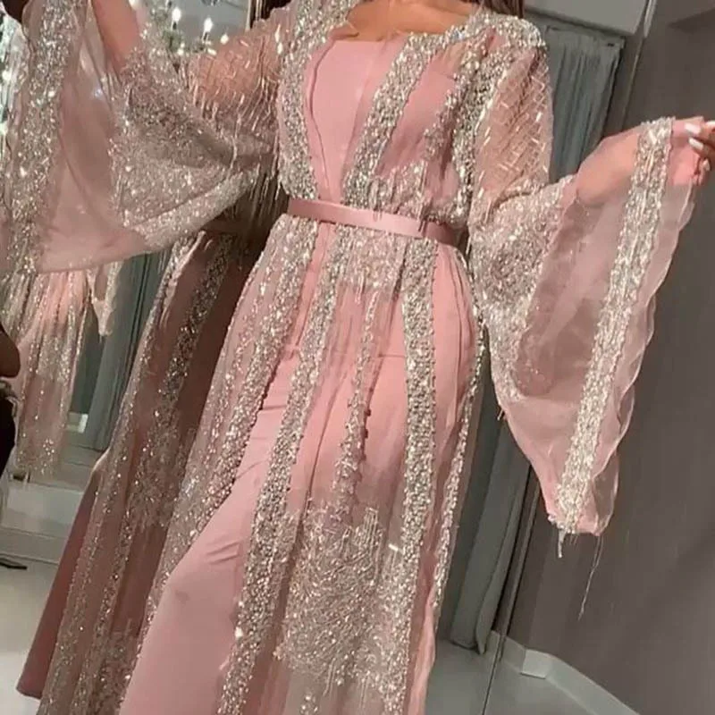 

ZC H3C11180 Women 2 pieces Pus Size Long Sleeve Pink Sequin Mesh Suit Gown Banquet Stylish Sexy Night Club Maxi Evening Dress