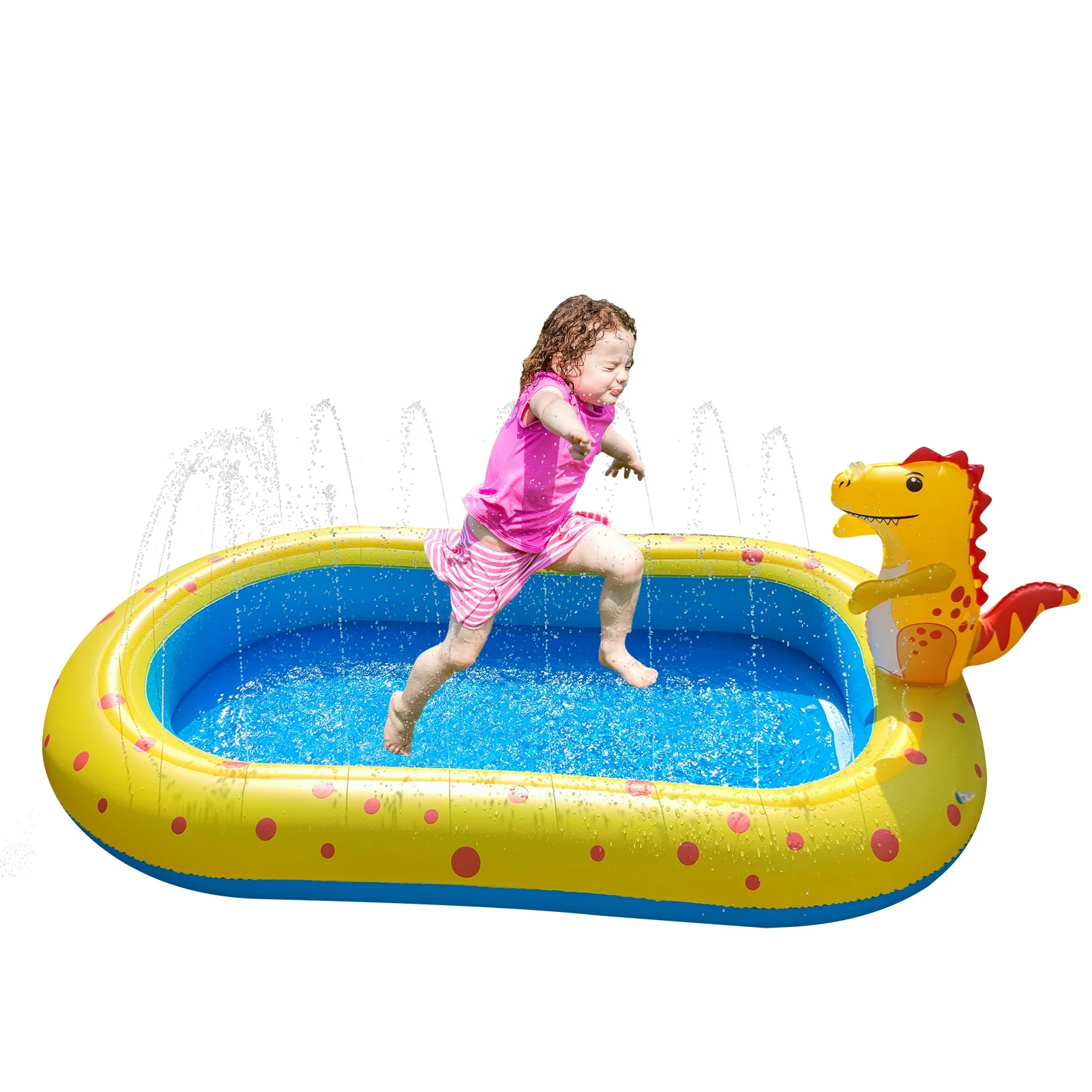 

Sprinkler Pool for Kids 3 in 1 Dinosaur Inflatable Sprinkler Swimming Pool for Toddler Indoor & Outdoor, Blue/yellow;green/yellow or custom