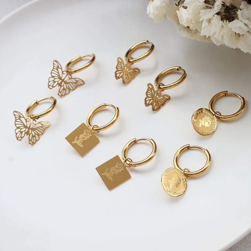 

Wholesale Gold Plated 18K Gold Plated Stainless Steel Geometric Square Coin Rose Flower Charm Hoop Butterfly Earrings, Picture