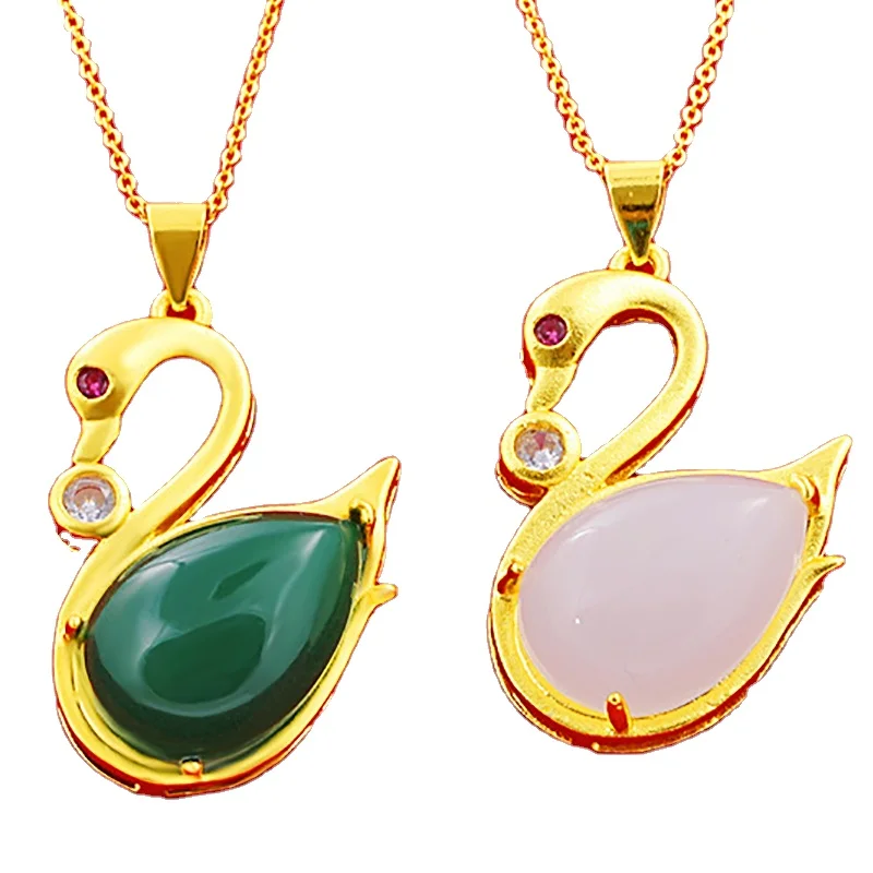 

Certified Vietnam Shajin Burmese Chalcedony Natural Green Pendant Female Gift Gold Inlaid Jade Swan Necklace Wholesale Supply