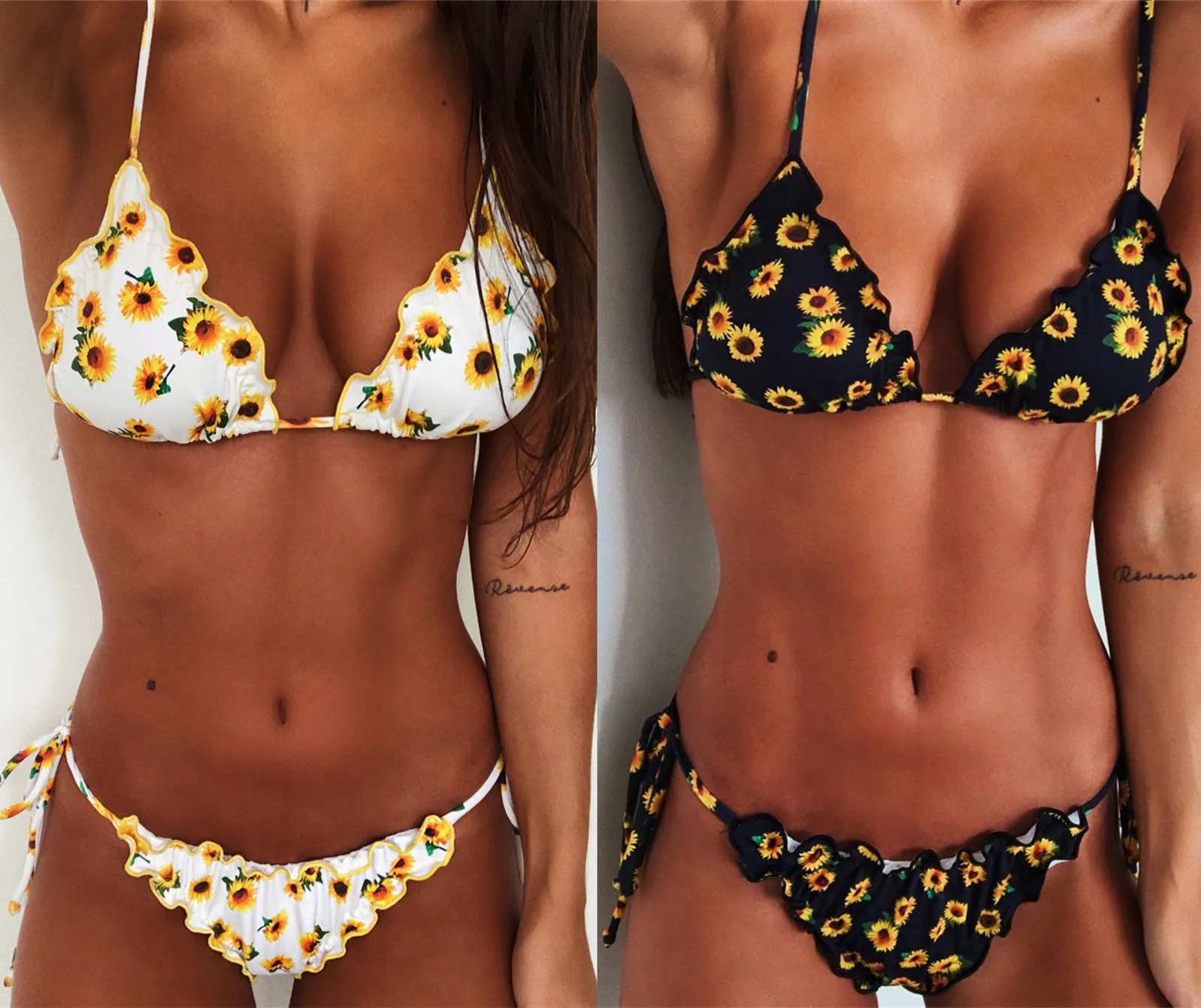 

Fashion Cute Sunflower Print Bikini Set Swimsuit Sexy Ruffle Bandage Swimwear