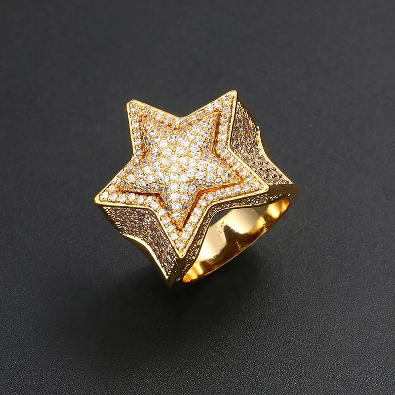 

Diamond Star Ring 14K, Iced Out Cz Paved Hip Hop Gold Star Rings for Men