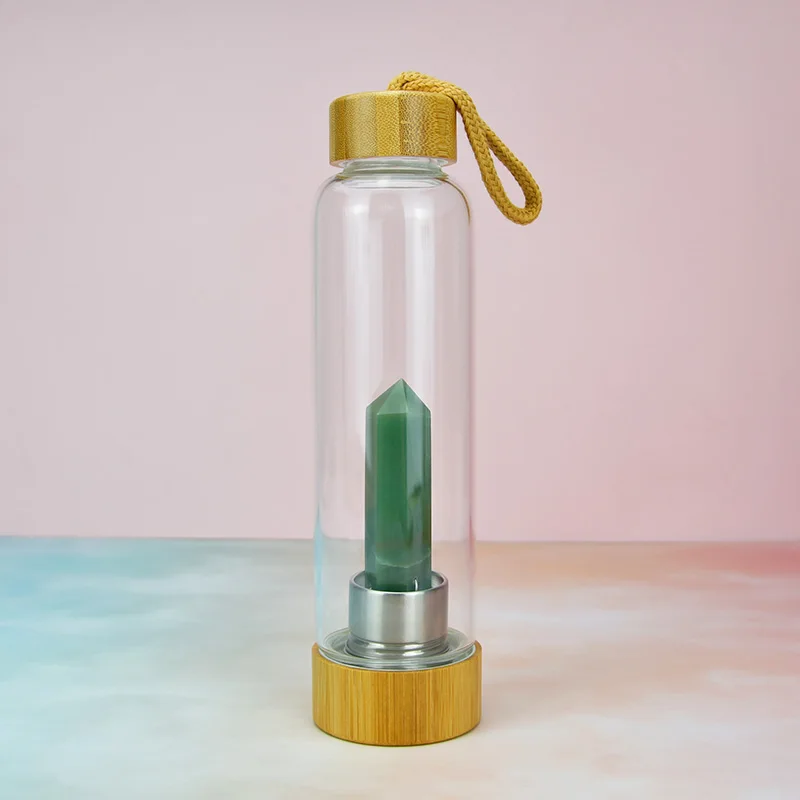 

Hot Selling Natural GemStone High Borosilicate Glass Crystal Energy Healing Water Bottle with Bamboo Lid Custom Logo, Transparent/different color of crystal