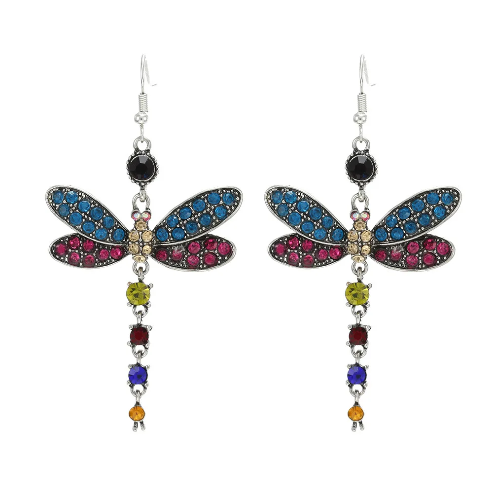 

Bling Long Crystal Earrings Diamond Rhinestone Inlay Dragonfly Dangle Drop Long Ear Rings