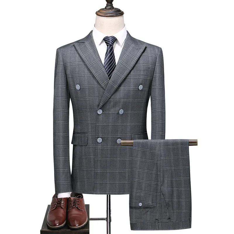 

Best Selling Light Gray Slim Fit Coat Pant Formal Dress Gentleman Vintage Banquet Plaid Double Breasted Two Piece Suit For Men