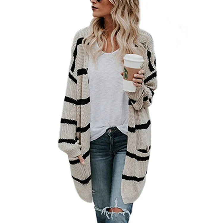 

2020 Autumn And Winter Hot Style European And American Mid-length Striped Color-block Knitted Cardigan Sweater, Shown