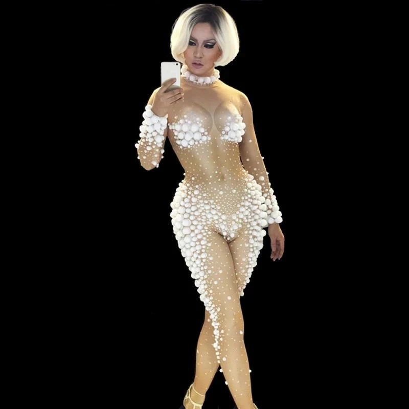 

White Ball Sexy Nude Rhinestones Jumpsuit Party Outfit Female Dance Costume Performance Show Leotard Singer Nightclub Stage Wear