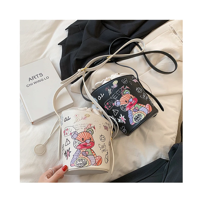 

Funny Graffiti Ladies Handbags Draw Rope Bucket Bag Fashion Shoulder Crossbody Purses Summer Women Bag