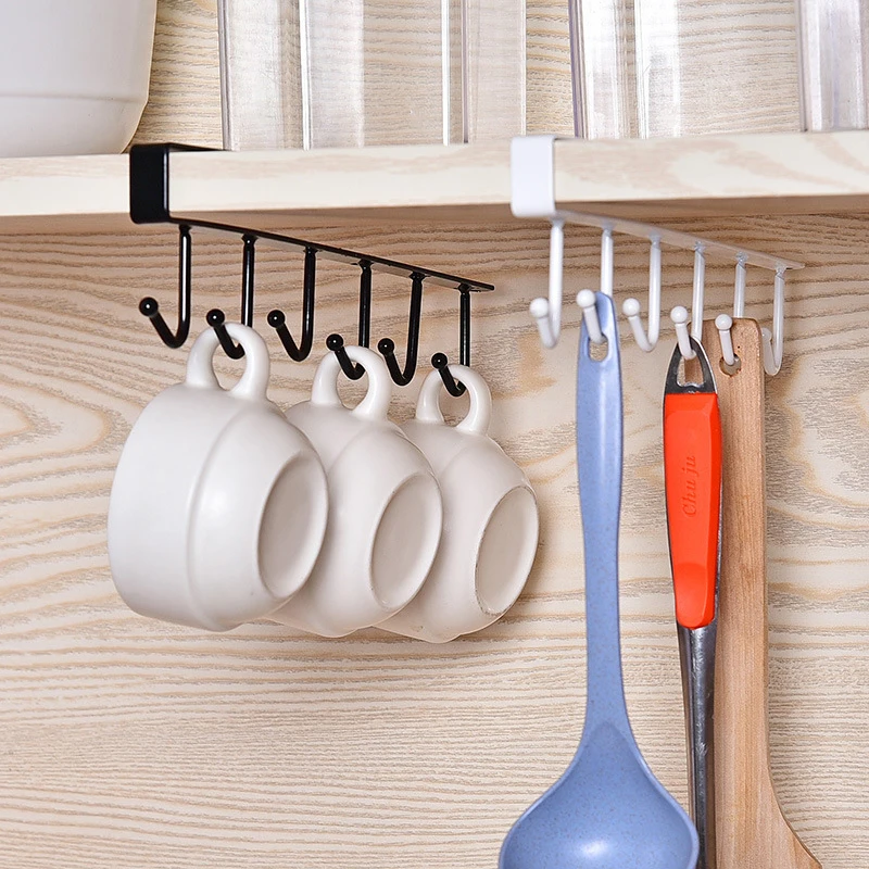 

MZL 6 Hooks Cup Holder Hang Cabinet Under Shelf Organizer Multi-Purpose Hooks Cupboard Storage Hanging Kitchen Bathroom Tools