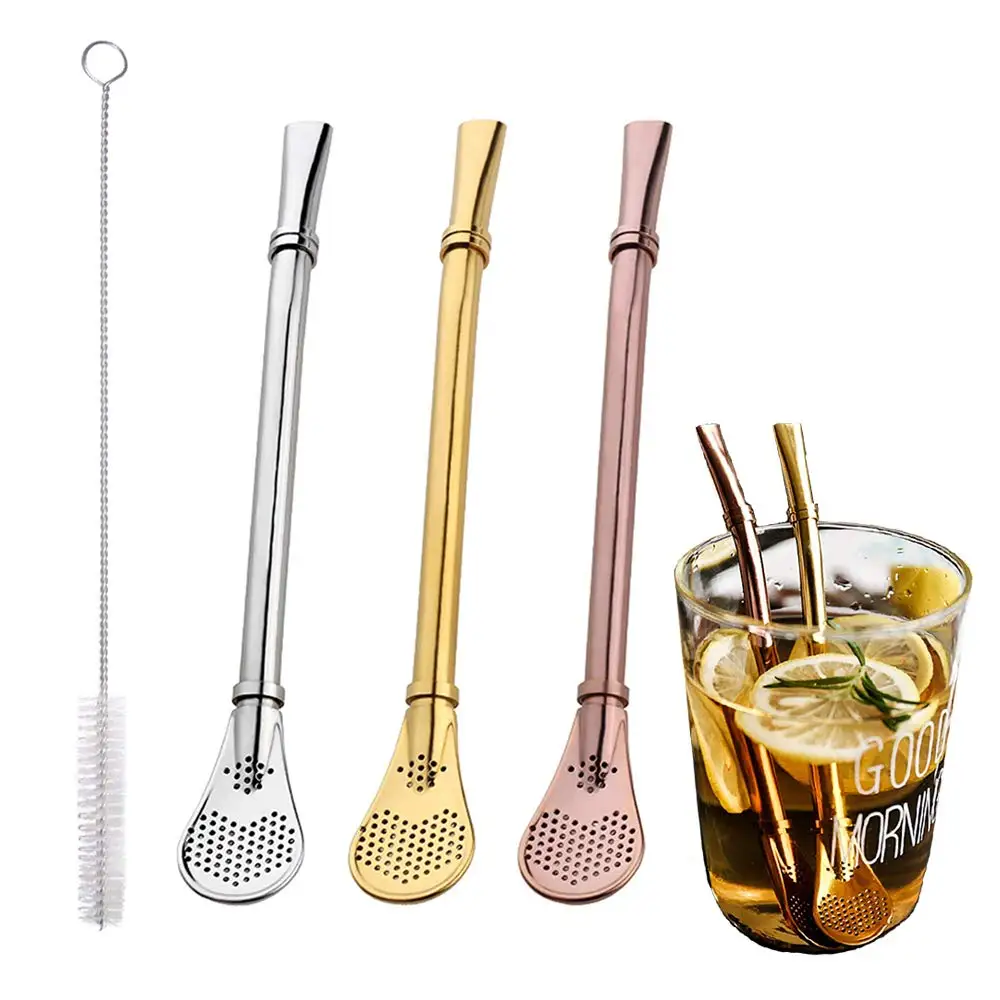 

Stainless Steel 304 Stirring Spoon Straw Set Anti-clogging 3 Pack Drinking Spoon Straws with a Brush