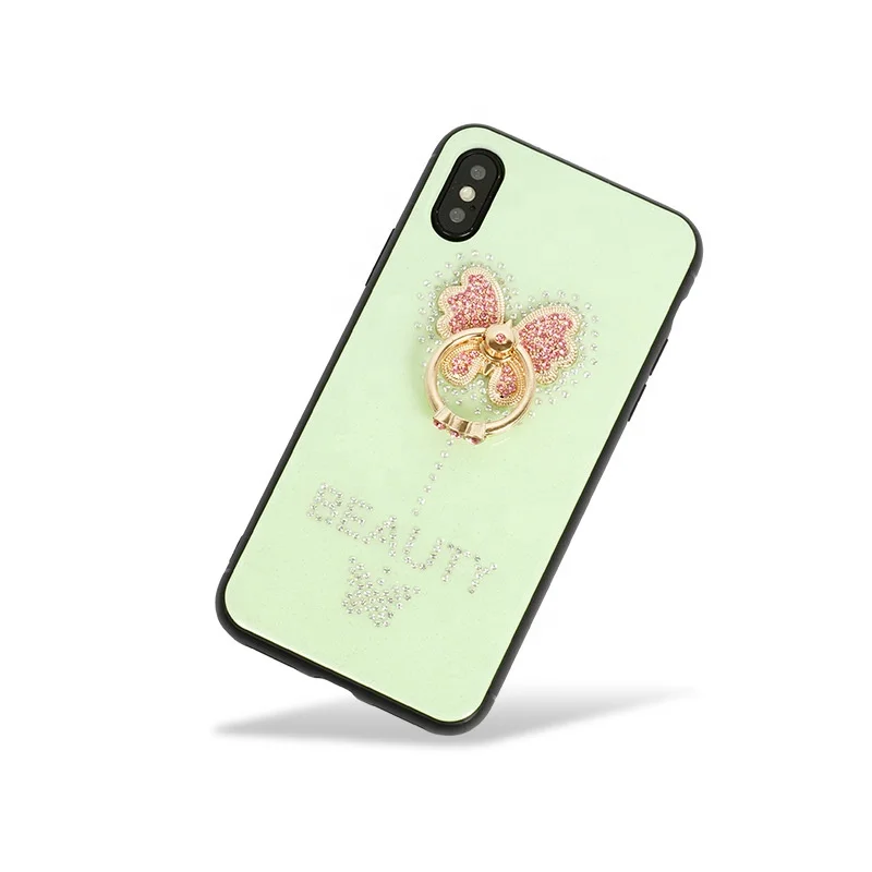 

Colorful series mobile phone case shiny diamond-studded silicone mobile phone case with diamond butterfly stand, Pink/white