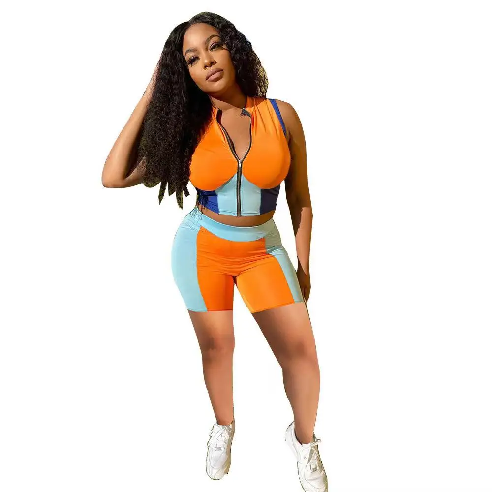 

2021 New Arrivals Fashion Women Casual Front Zipper Sleeveless Crop Short Pants 2 Pieces Set Color Patchwork Tracksuit, Picture show