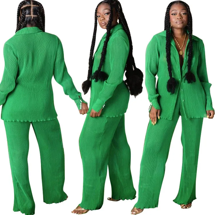 

Wholesale green Solid Color pleated Shirt women clothing sets adobe creative suite two piece pants set