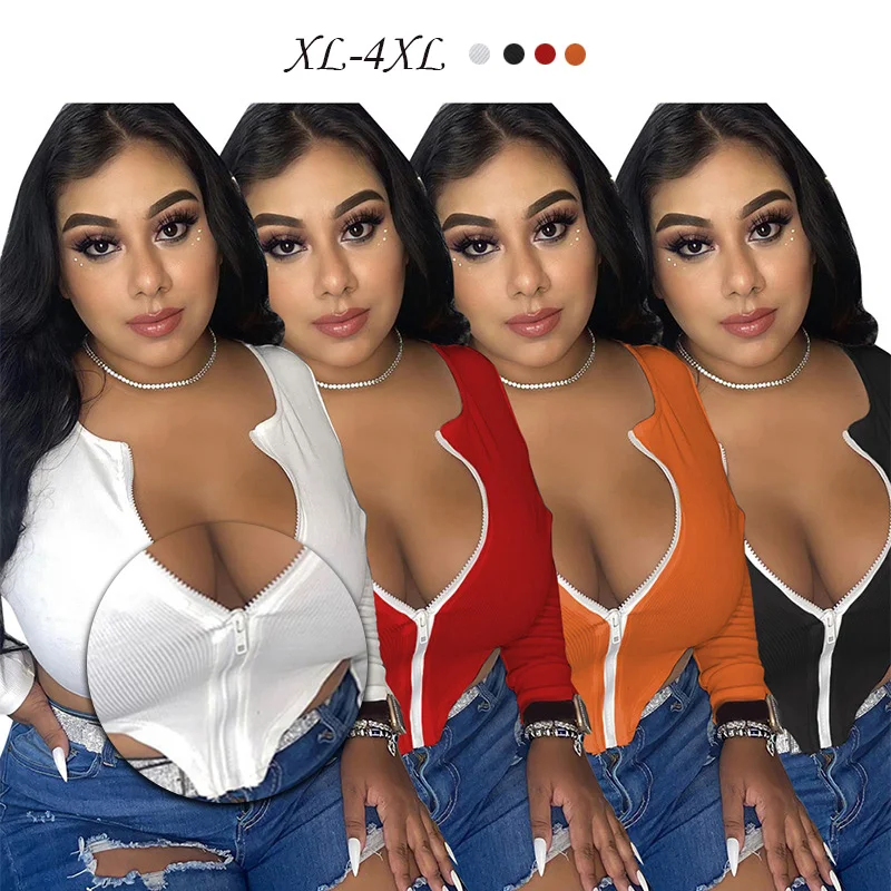 

Wholesale 2021 Fall Fashion Zip Bodycon Long Sleeve Women Plus Size Ribbed Tops Fashionable Blouse, Customized colors