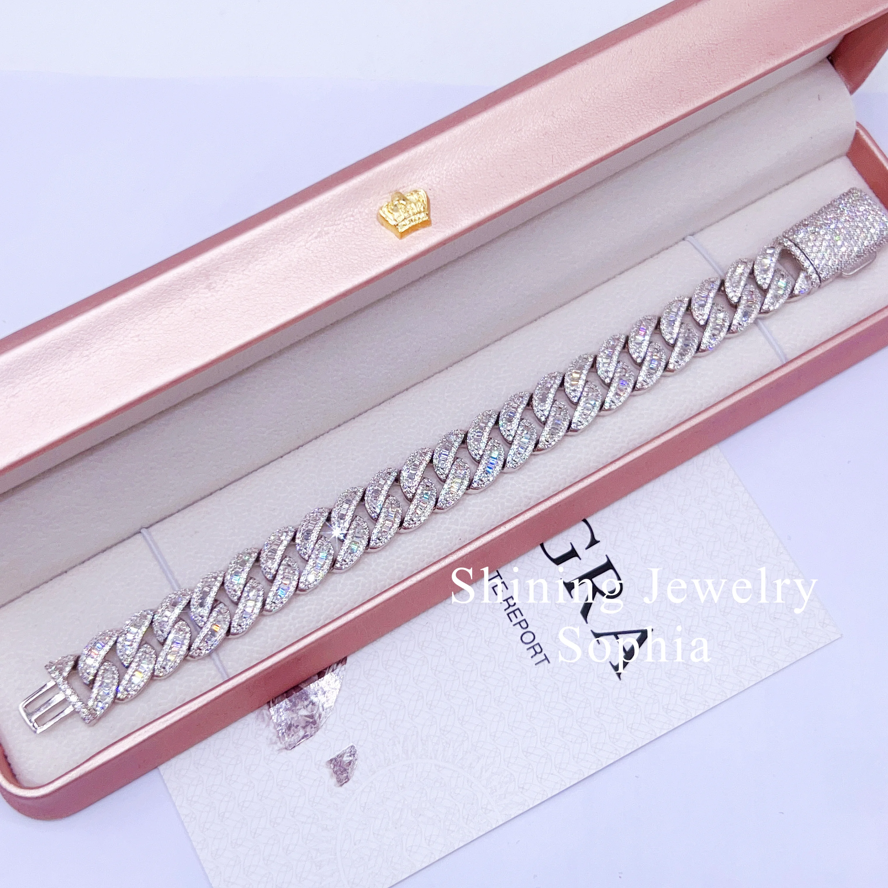 

Fine Jewelry Bracelet Hip Hop Iced Out Moon Design 925 Sterling Silver D-VVS1 Baguette Moissanite Diamond Cuban Link Bracelet