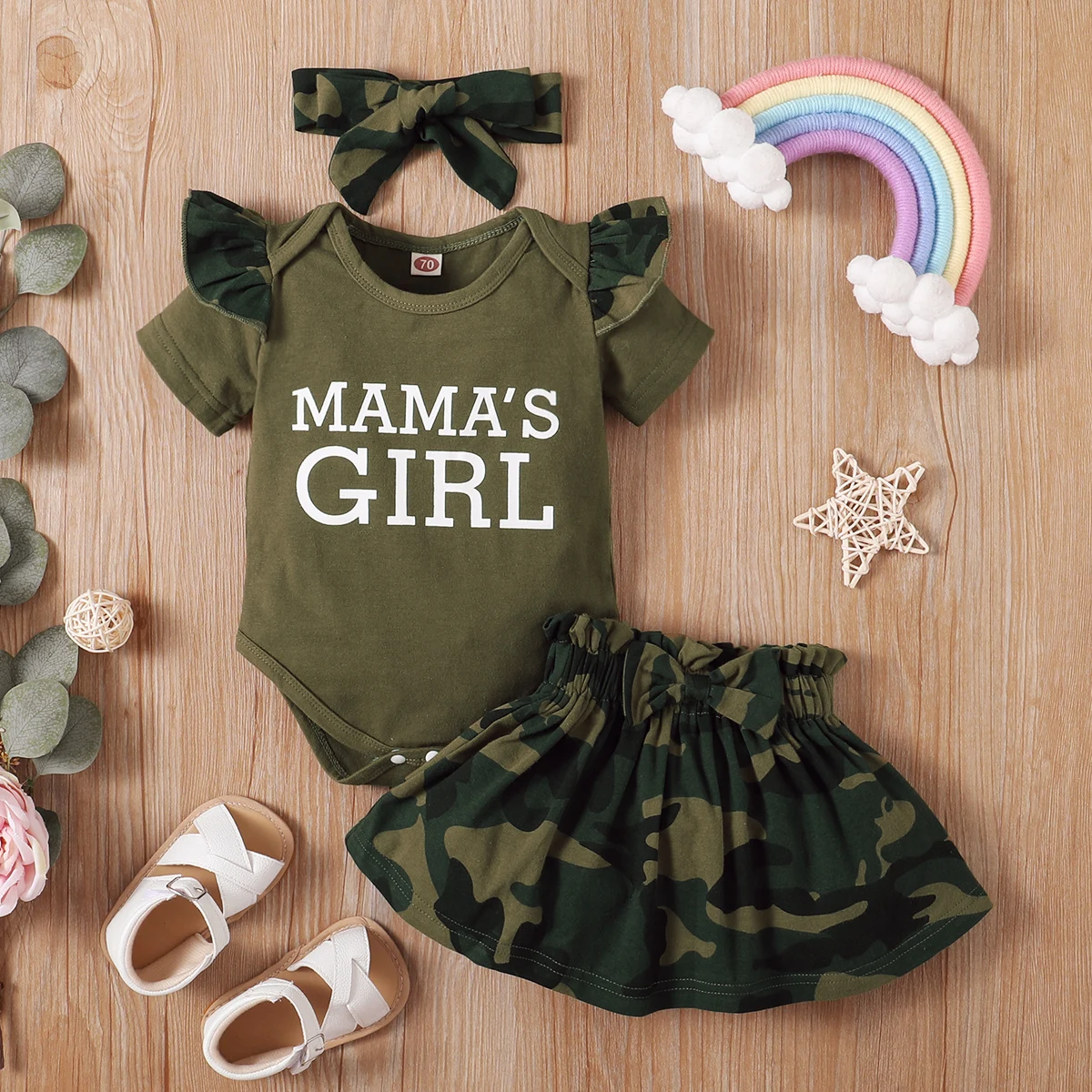 

3Pcs camo baby Girl Dress Newborn Baby short Sleeve Romper+Tutu Dress Kids Skirt Headband Outfit Set, As image shown