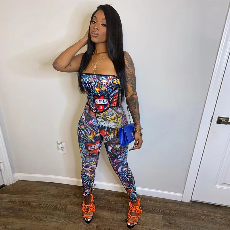 

Two Piece Set Animal Print Trousers With Open Back And Women Waistless Sleeveless Chest Wrap Top