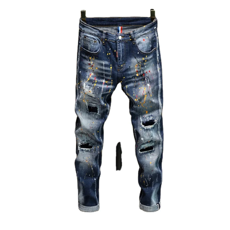 

Men Jeans For Men Stylish High Street Potholes Patch Graffiti Slim Stretch Wholesale Painting Jean, Black