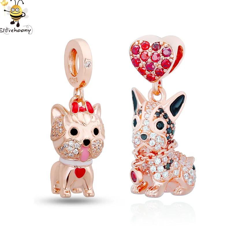 

Wholesale 2020 Fashion Jewelry 925 Sterling Silver Pink Cute Puppy Dog Luxury Bulldog Bracelet Charm Fit DIY Bracelet
