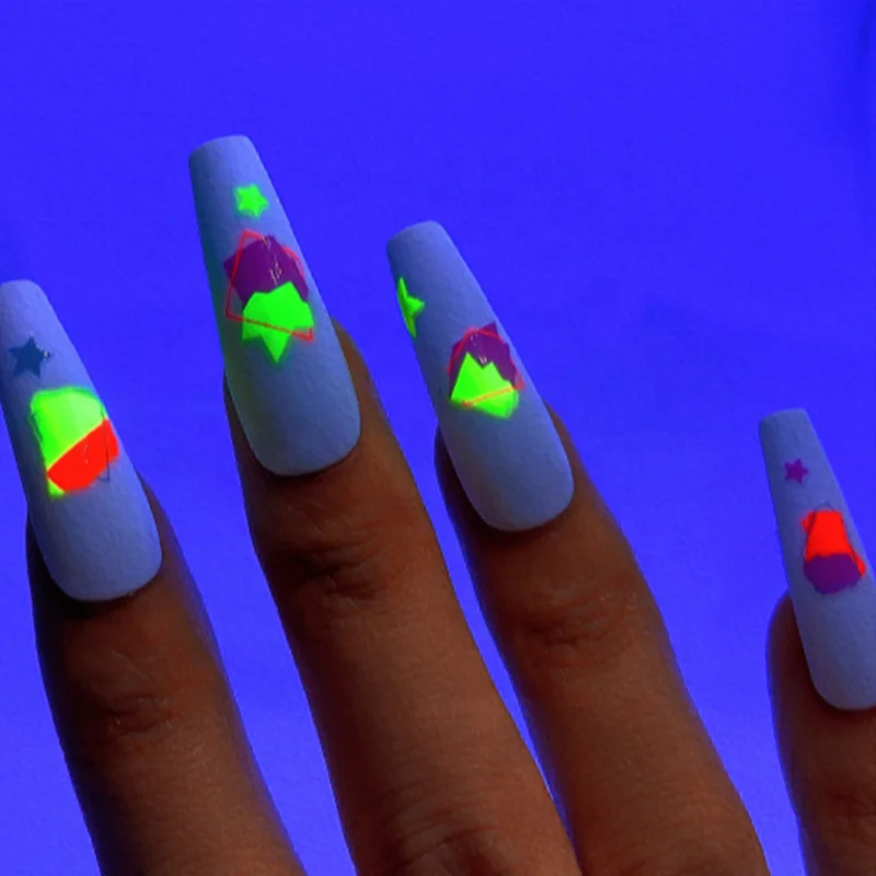 

Amazon Hot New Nail Stickers Fluorescent Color Five-pointed Star Bow Luminous Nail Art Adhesive Decals Sticker, Gold and silver