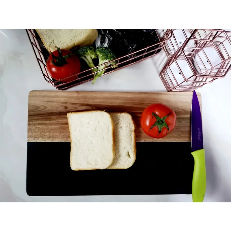 

Wholesale Custom White Black Square Eco-friendly Natural Kitchen Marble Acacia Wood Cutting Board