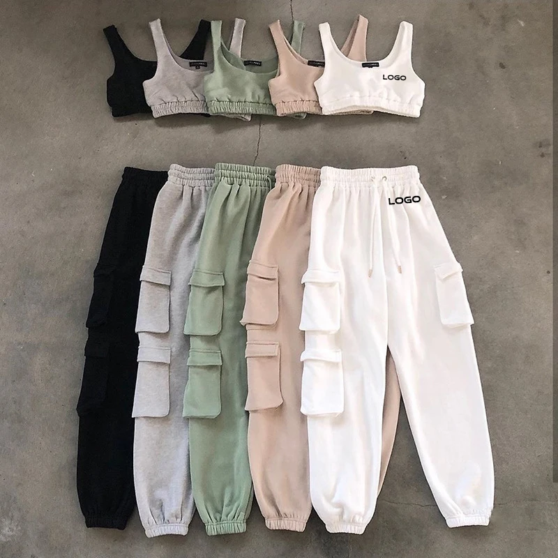 

Custom logo knit two piece pants set women plus size jogger with pockets and crop top vest fitness breathable set