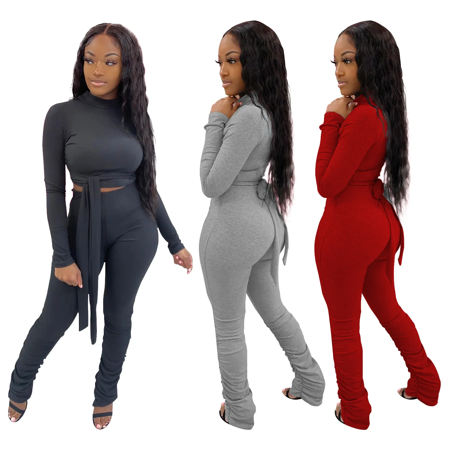 

Women Stacked Sweatpants suit For Women Fashion Sporting Joggers Skinny with Slit Women Stacked Pants 2 piece sets, Three different color