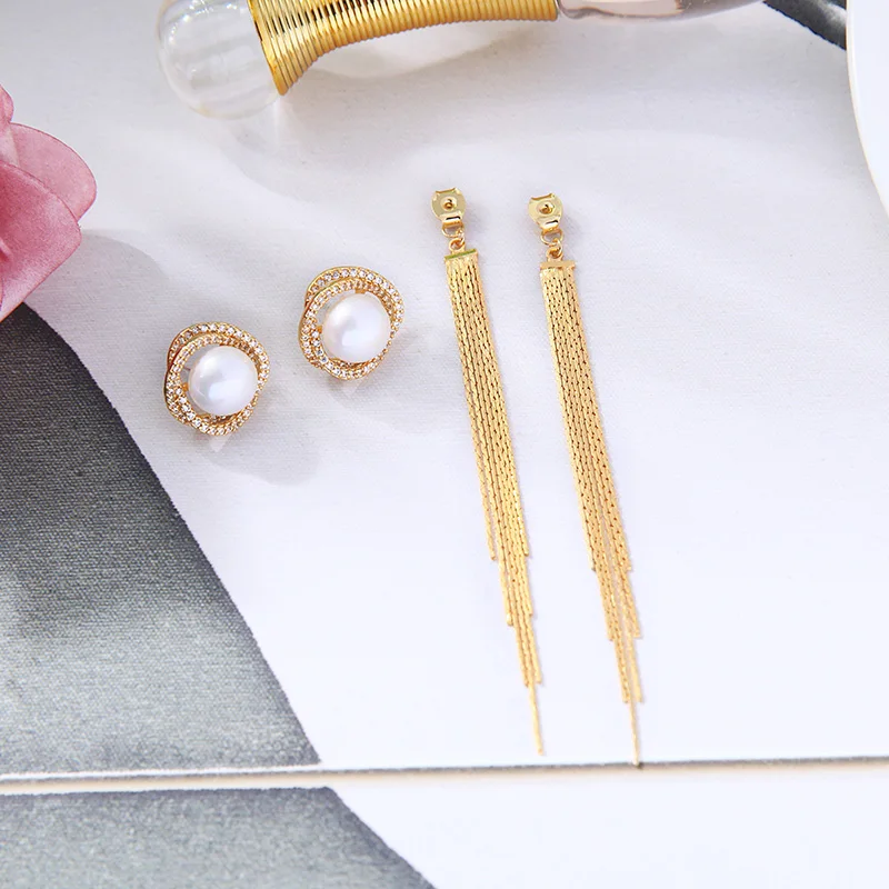 

90155 Gold Long Tassel Earring Women Acrylic Pearl 925 Silver Post Earrings Women