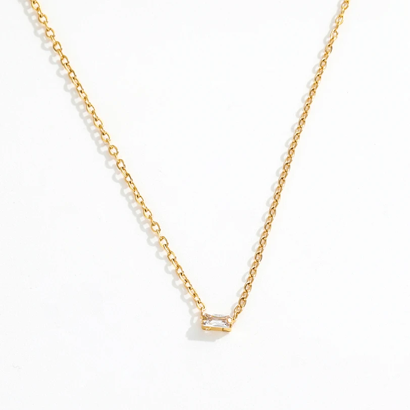 Joolim 18K Gold Plated Jewelry Dainty Tiny Rectangle Zirconia Pendant  Chain Necklace Stainless Steel Jewelry
