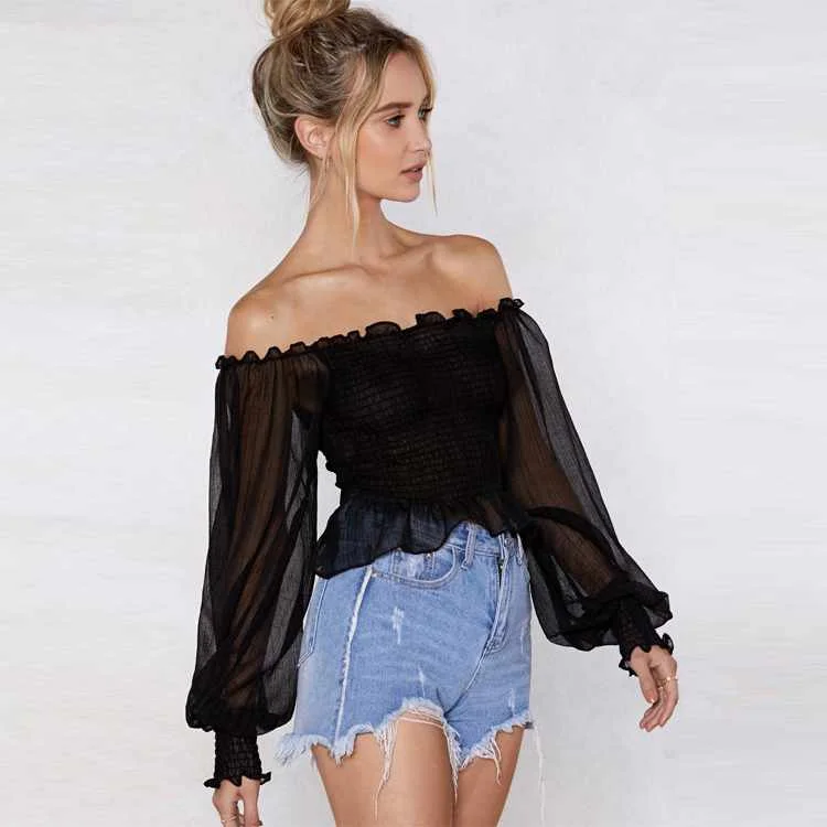 

Mzl's Love Fashion black long sleeve chiffon well versed off-the-shoulder top