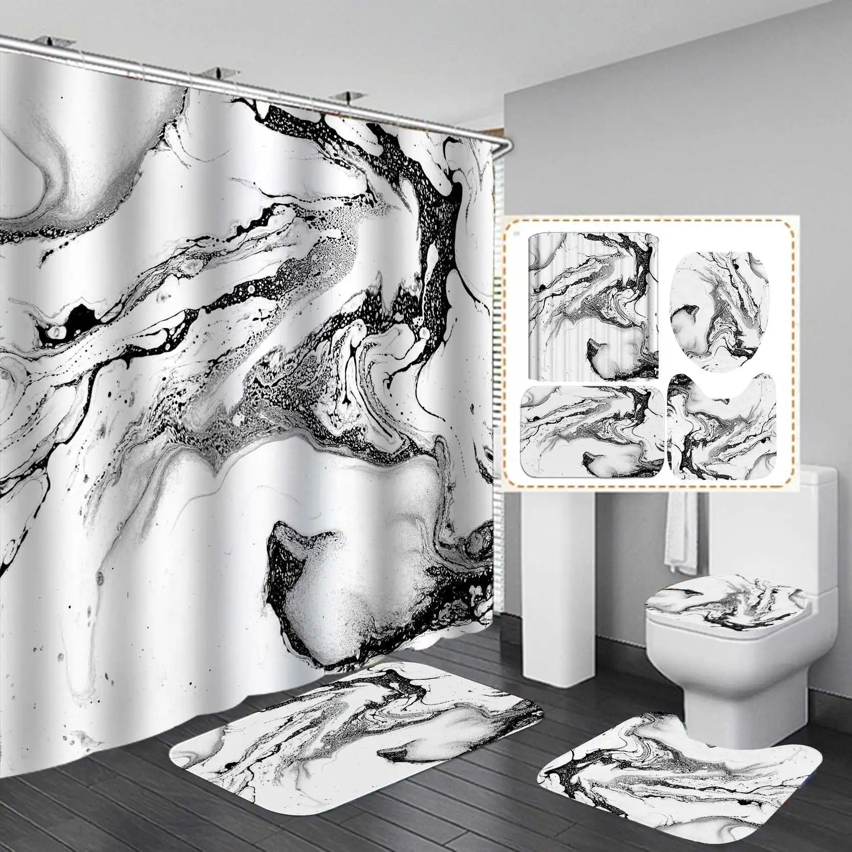 

Artistic black and white sketch new shower waterproof cheap shower curtain rug set