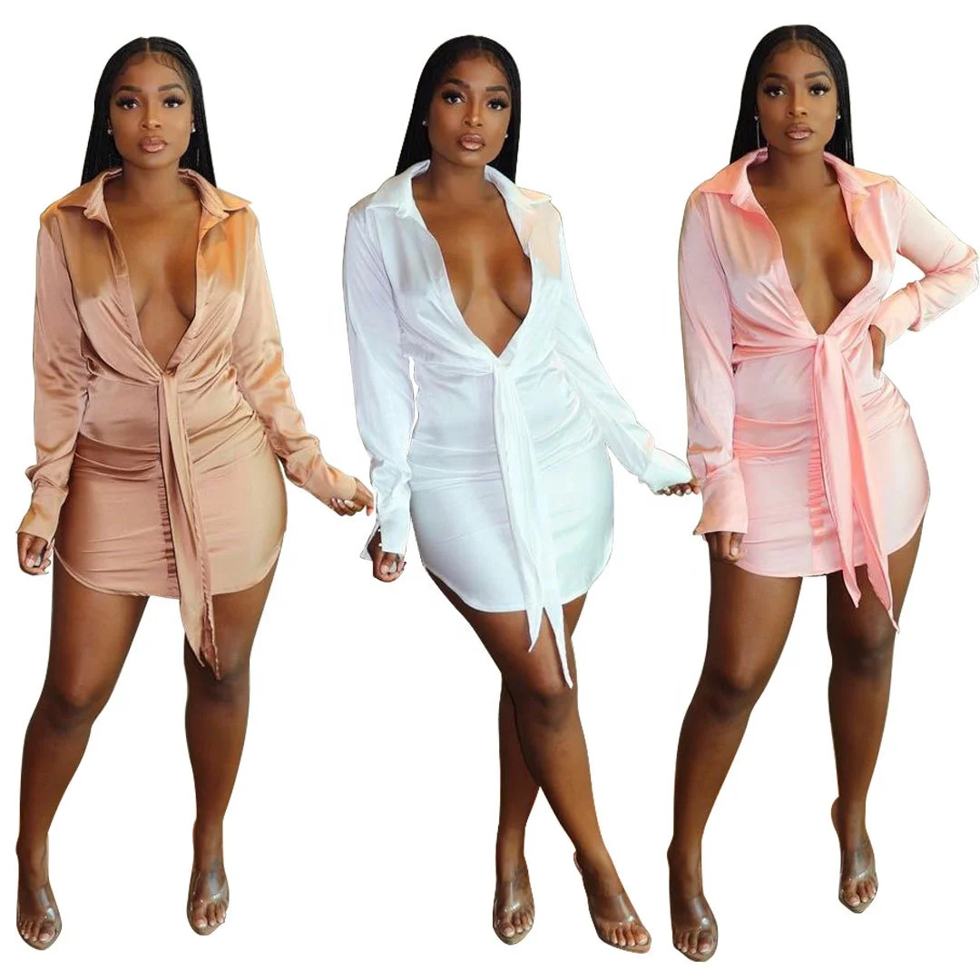 

B54892A Glossy shirts for women dress sexy low cut bandage long sleeve dress, White/khaki/pink