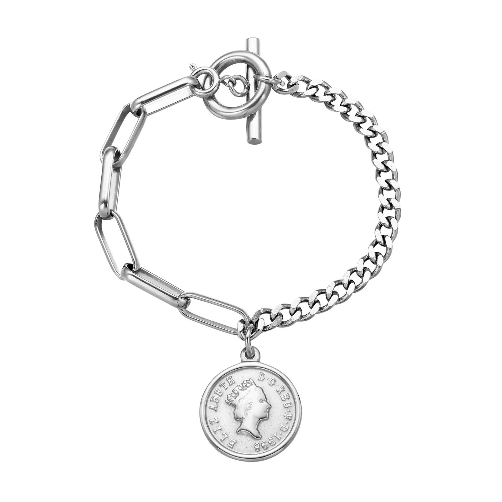 

Fashion Stainless steel engrave metal plate charms Chain bangle bracelet for women jewelry, Steel color