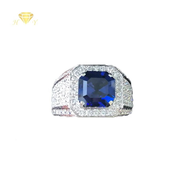 

HY blue hydrothermal sapphire gem asscher cut main stone with diamond surround man ring in 10k gold, Gold color