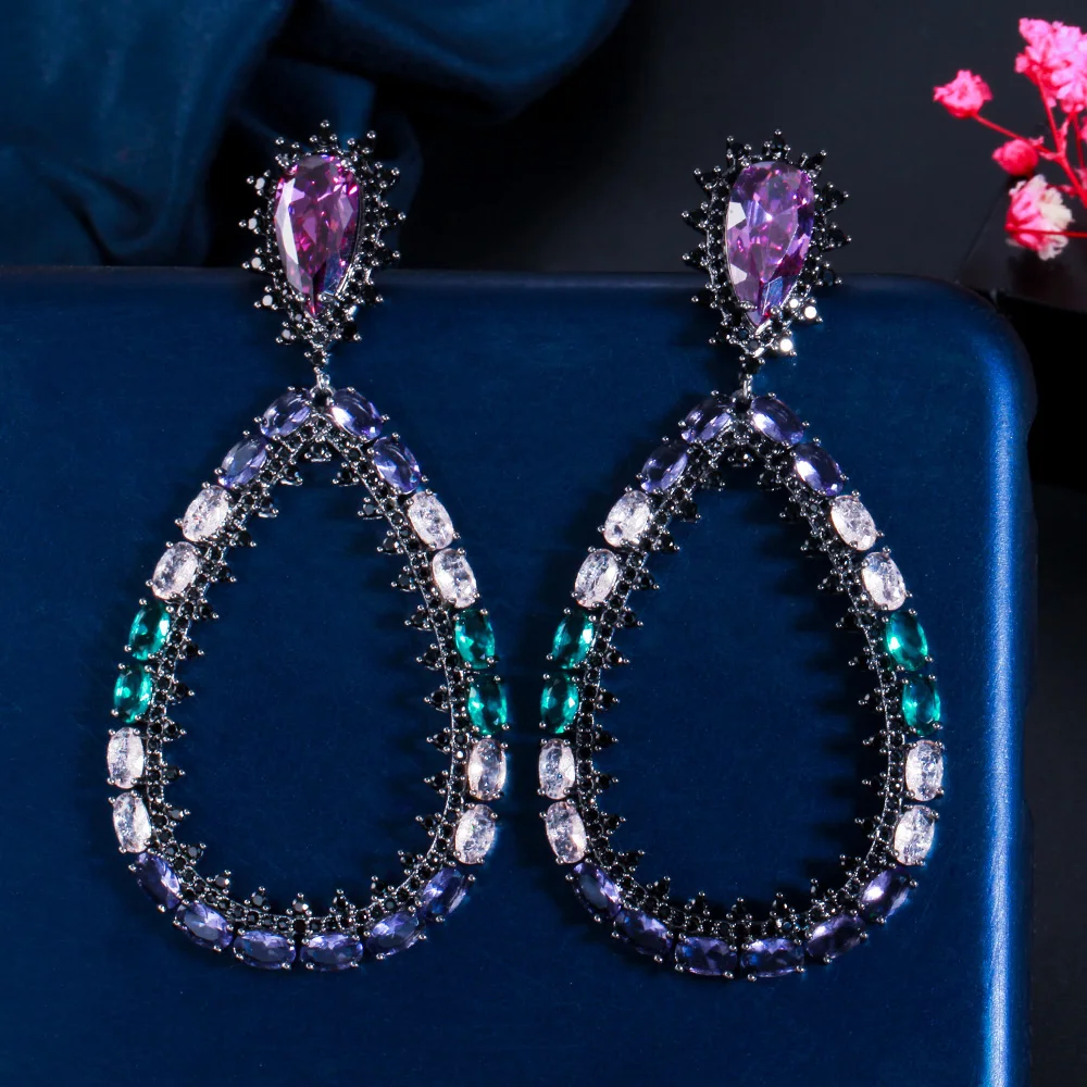 Luxury Unique Oval Shape Multi Color Cubic Zirconia CZ Chunky Oversize Long Large Drop Earring for Women Jewelry Bridal Trendy