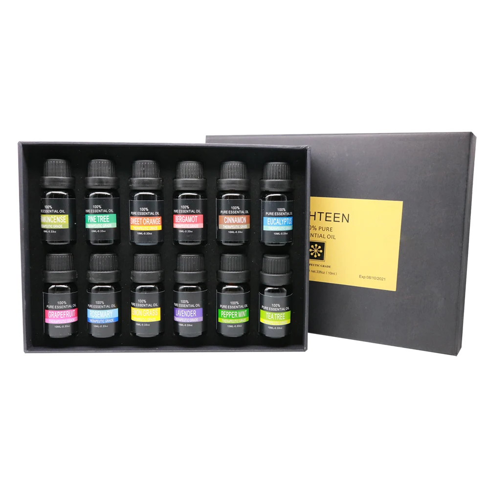 

100 % natural oil 12 pack Essential Oils Set - Top 6 100% Pure Therapeutic Grade Aromatherapy Oil Gift kit for Diffuser, Black