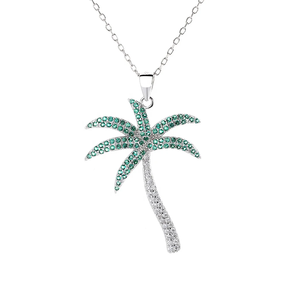 

High Quality 925 Sterling Silver Coconut Tree Charm Green CZ Pendant fit Charm necklace